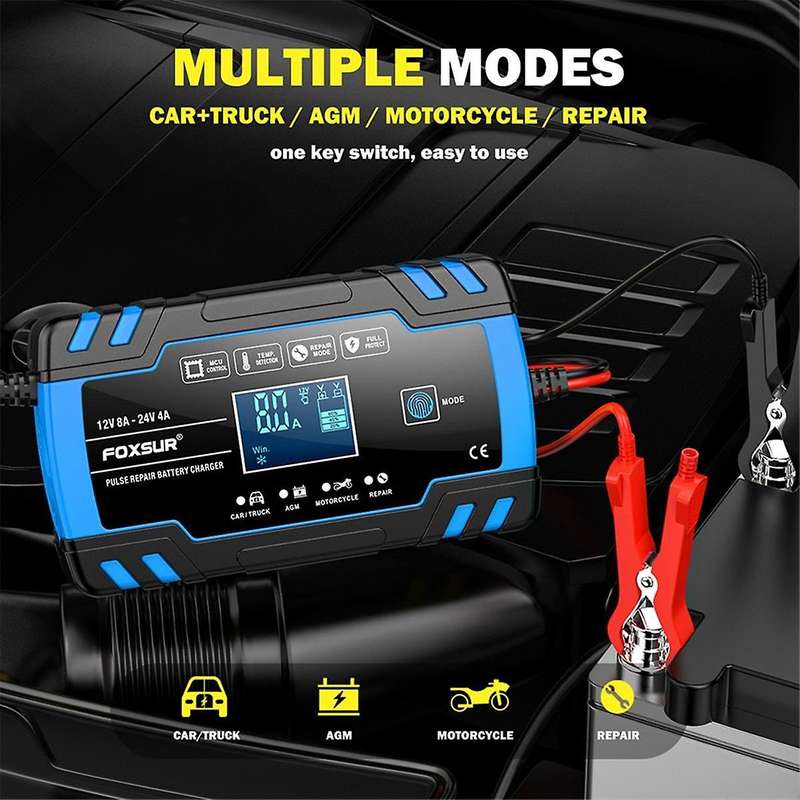 Motorcycle Car Battery Charger 12V 8A 24V 4A Automatic Pulse Repair LCD Smart Car Battery Repair Cha