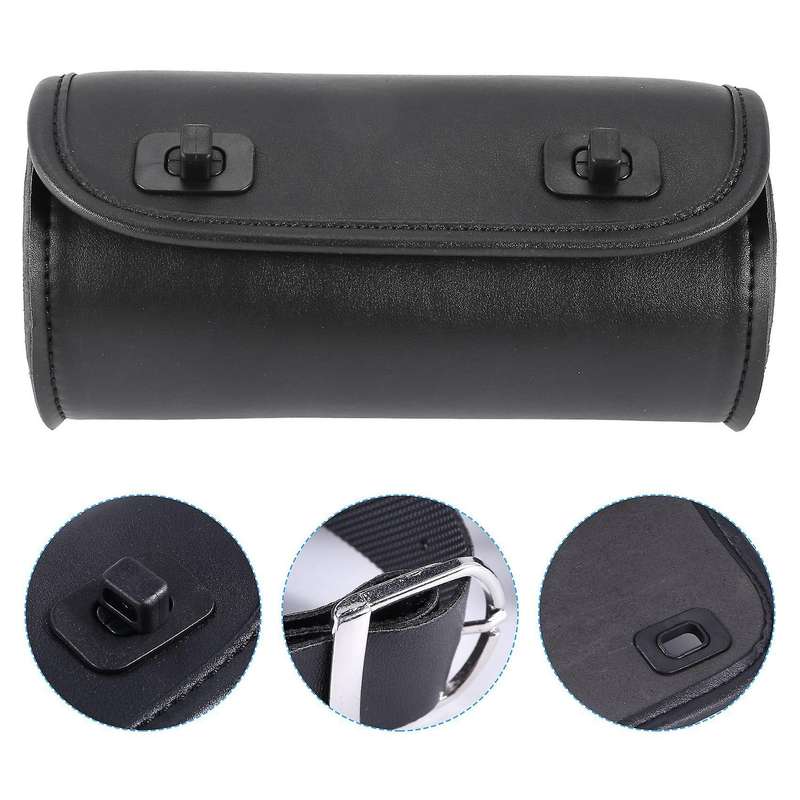Motorcycle Fork Bag PU Leather Handlebar Tool Pouch Sissy Bar Roll Storage Bag Saddle Bag with 2 Str