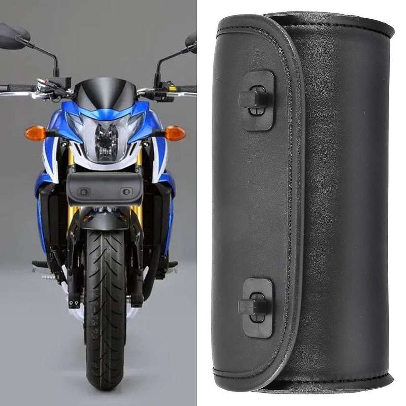 Motorcycle Fork Bag PU Leather Handlebar Tool Pouch Sissy Bar Roll Storage Bag Saddle Bag with 2 Str