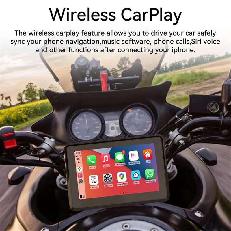 Motorcycle GPS Carplay Touchscreen, Wireless CarPlay & Android Auto Portable Stereo, 5 Inch Waterpro