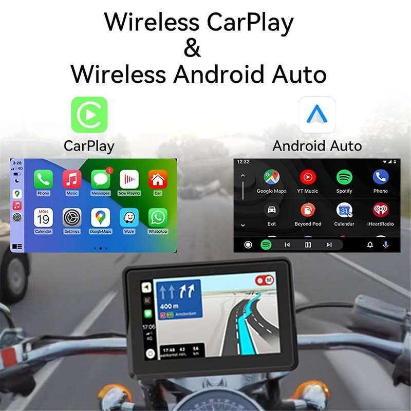 Motorcycle GPS Carplay Touchscreen, Wireless CarPlay & Android Auto Portable Stereo, 5 Inch Waterpro