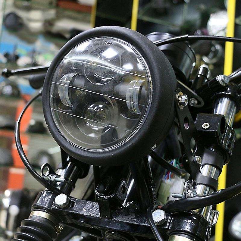 Motorcycle Headlight,Universal Motorcycle Retro White Lens LED Headlamp Front Headlight(Black)