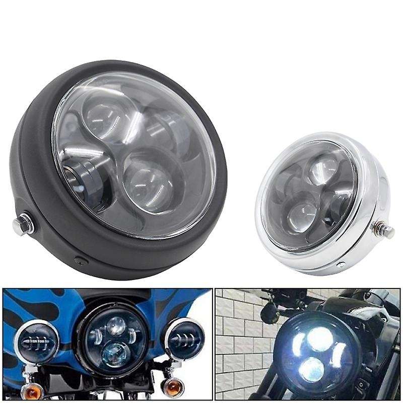 Motorcycle Headlight,Universal Motorcycle Retro White Lens LED Headlamp Front Headlight(Silver)
