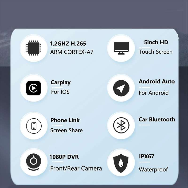 Motorcycle Wireless Carplay Waterproof 1080P 5 Inch WiFi Wireless Android-Auto DVR Dash Cam Tire Pre