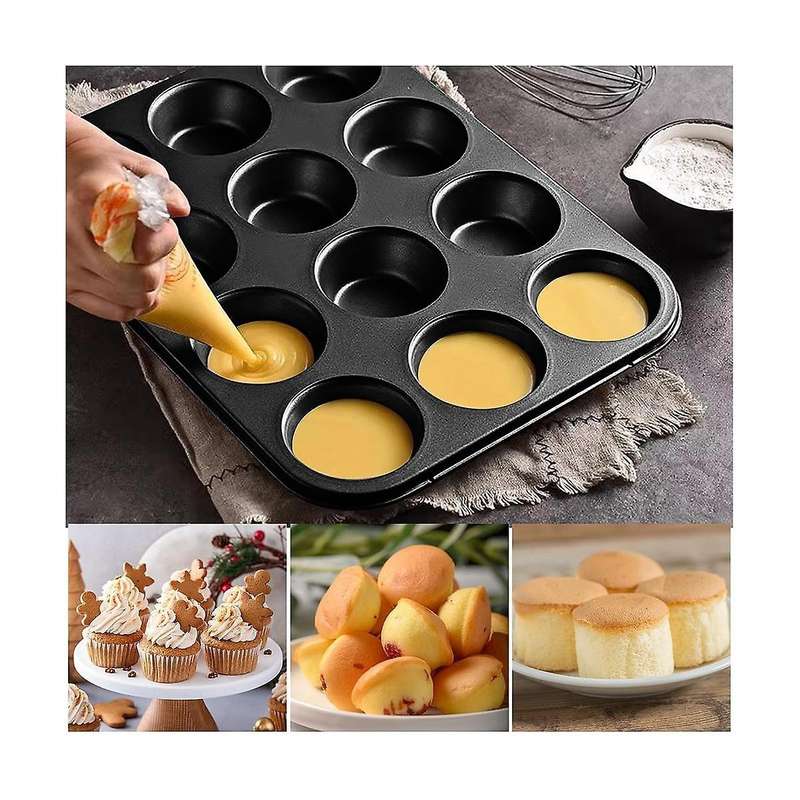 Muffin Tray, Pack Of 2 Carbon Steel Muffin Tray for 12 Muffins, Non-stick Coated Muffin Baking Mould