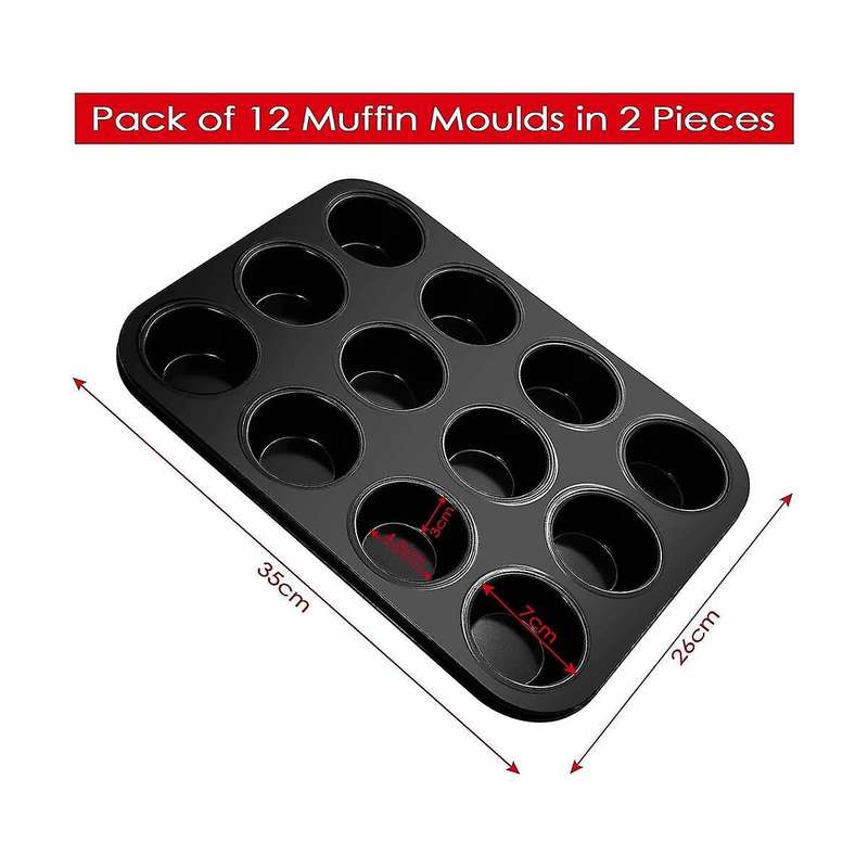 Muffin Tray, Pack Of 2 Carbon Steel Muffin Tray for 12 Muffins, Non-stick Coated Muffin Baking Mould
