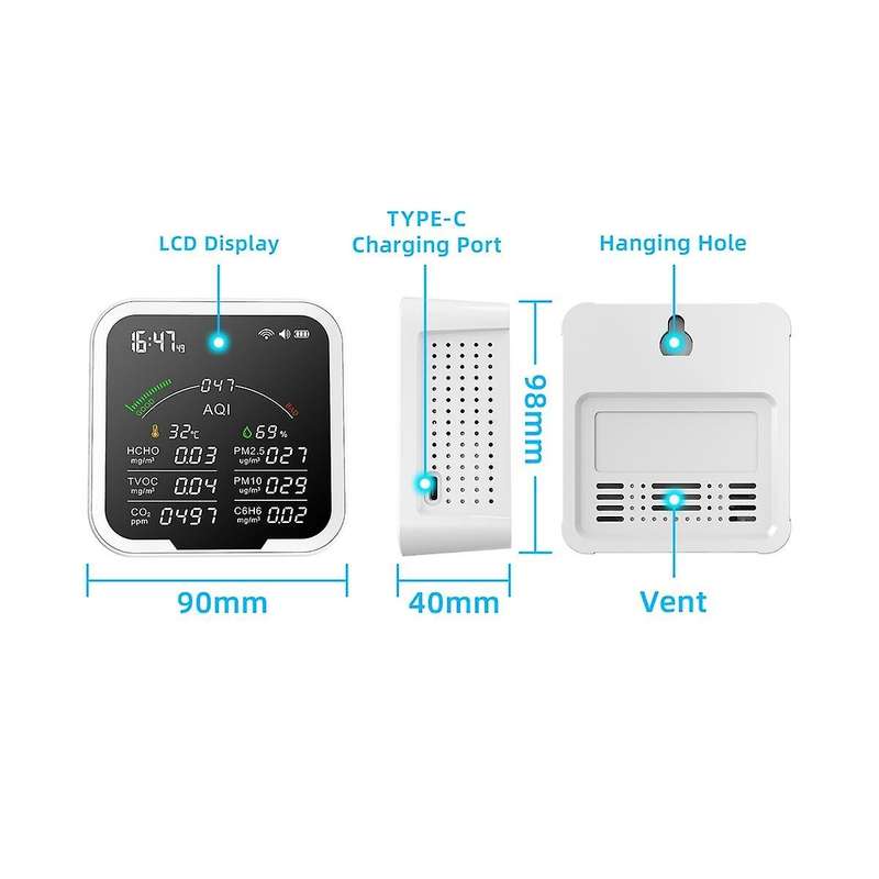 Multi-function Air Quality Monitor ,thermohygrometer, Clock Alarm and Gas Detector Of Pm2.5,pm10,hc