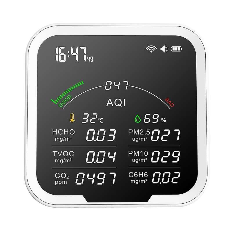 Multi-function Air Quality Monitor ,thermohygrometer, Clock Alarm and Gas Detector Of Pm2.5,pm10,hc