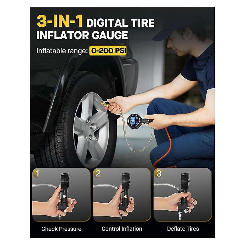 Multifunction Digital Tire Inflator with Pressure Gauge- Large 2' Dial, 200 PSI,Compressor Accessori