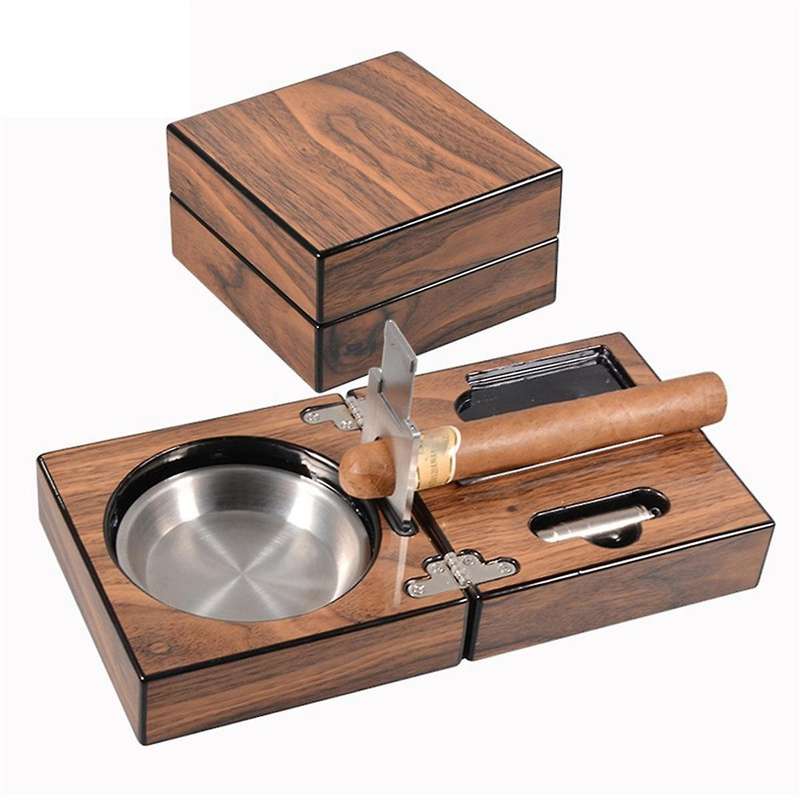 Multifunctional Ashtray Foldable Walnut Wood Box Include Cutter Holder and Hole Opener Smoking Acces