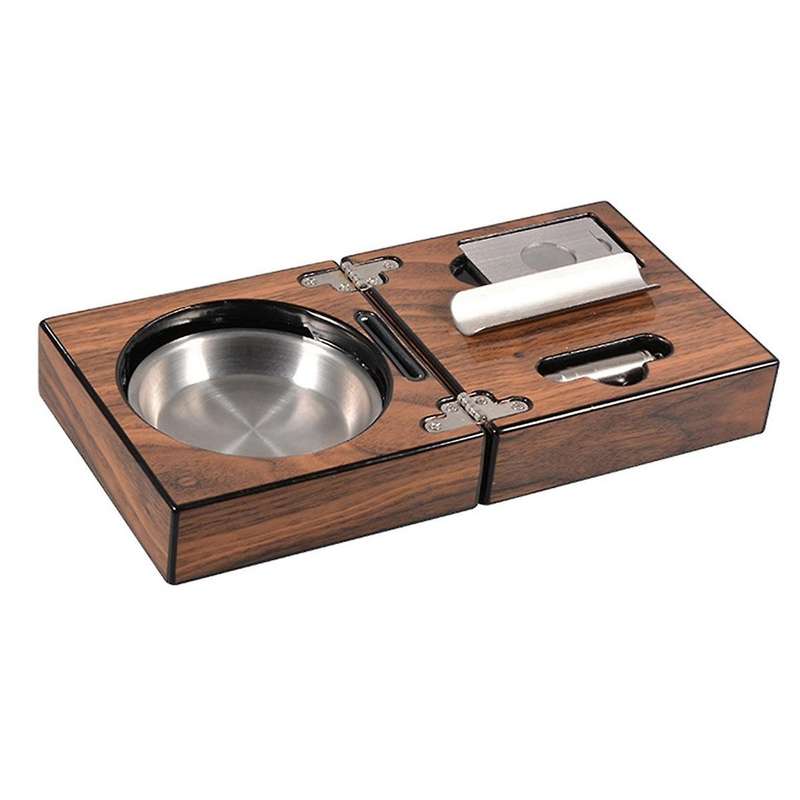 Multifunctional Ashtray Foldable Walnut Wood Box Include Cutter Holder and Hole Opener Smoking Acces