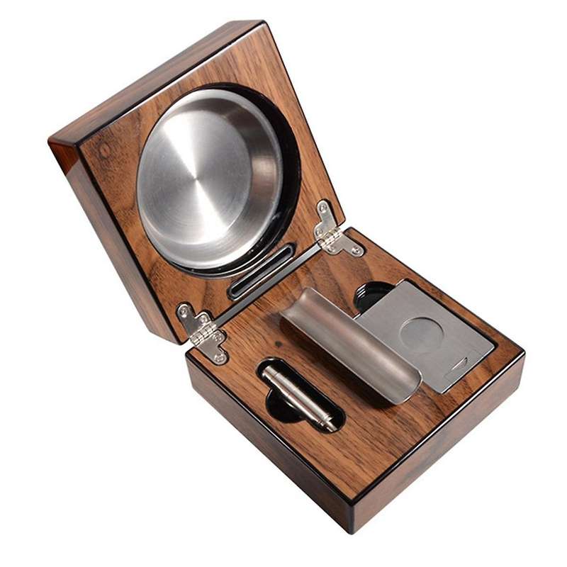 Multifunctional Ashtray Foldable Walnut Wood Box Include Cutter Holder and Hole Opener Smoking Acces
