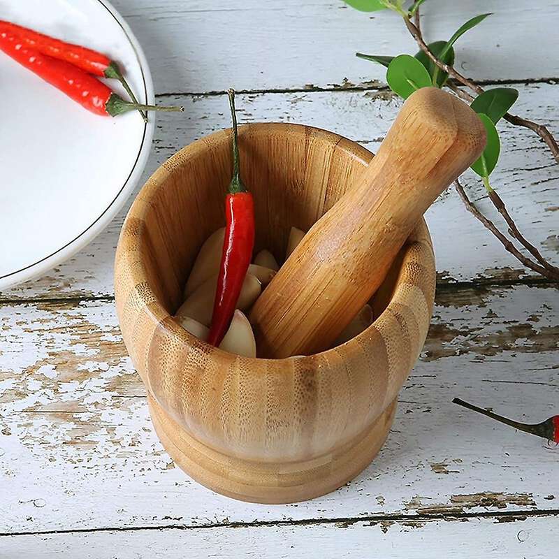 Multifunctional Bamboo Pounding Garlic Jar,Garlic Press Ginger Spices Grinding Set Herb Spice Masher