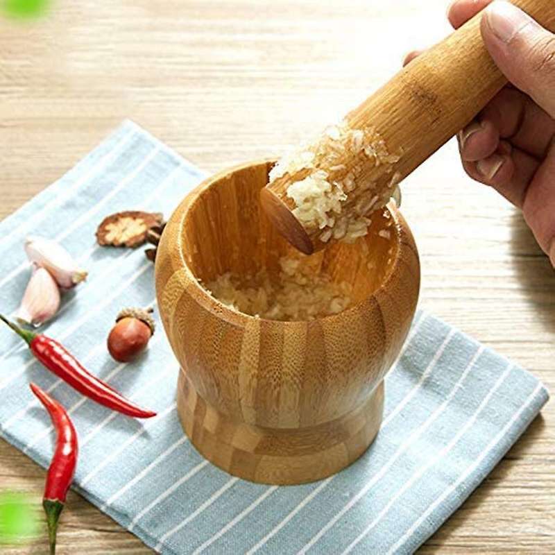 Multifunctional Bamboo Pounding Garlic Jar,Garlic Press Ginger Spices Grinding Set Herb Spice Masher