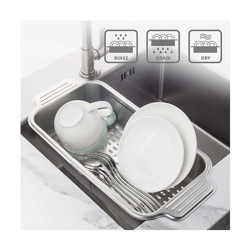 Multifunctional Kitchen Sink Drain Rack Retractable Stainless Steel Drain Basket Over The Sink Dish