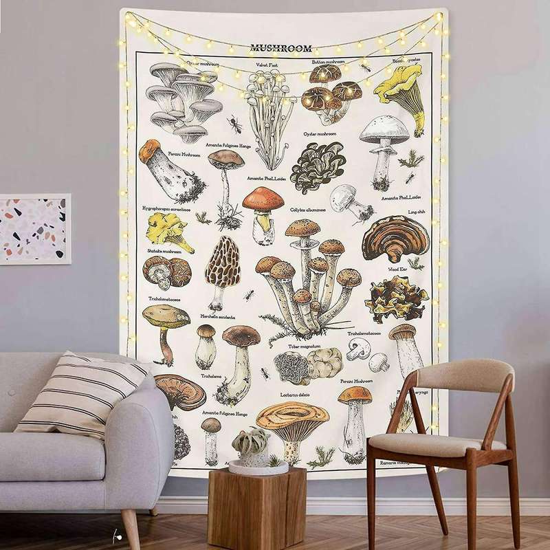 Mushroom Tapestry Vintage White Tapestry Reference Chart Colorful Vertical Tapestry Wall Hanging 51.