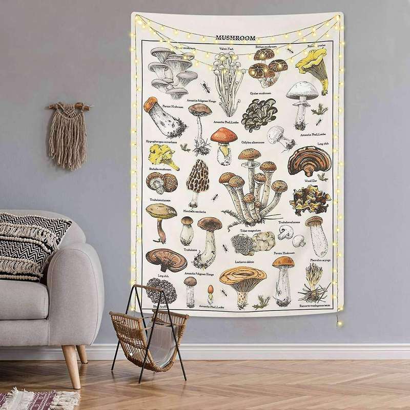 Mushroom Tapestry Vintage White Tapestry Reference Chart Colorful Vertical Tapestry Wall Hanging 51.