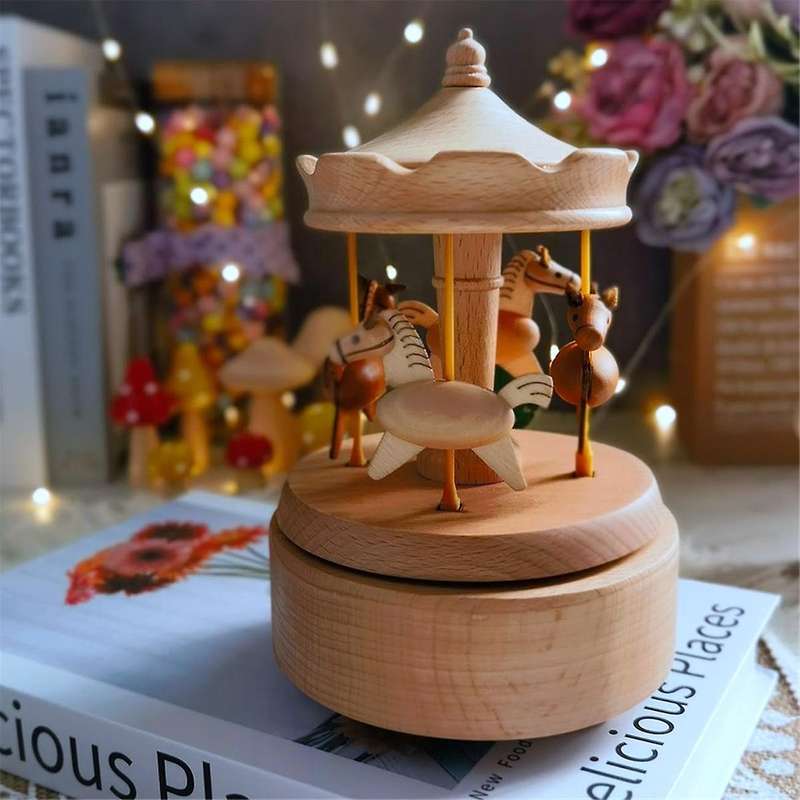Music Box Wooden Merry-go-round Horse Musical Box Turn Horse Shaped Wood Crafts Birthday Gifts Home