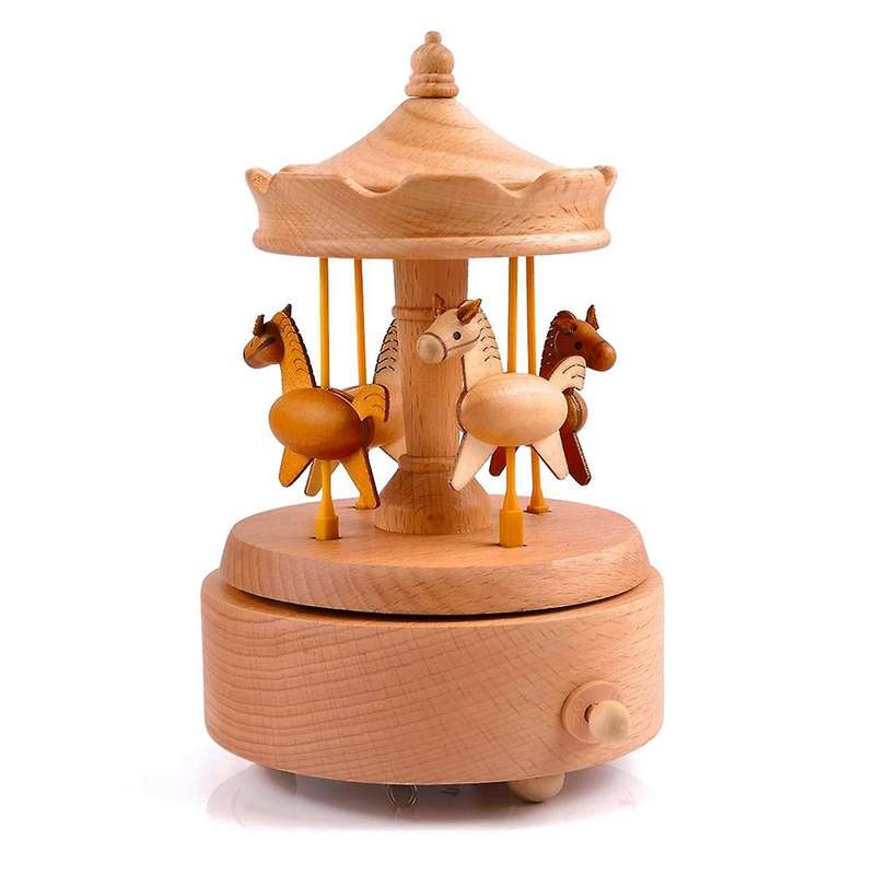 Music Box Wooden Merry-go-round Horse Musical Box Turn Horse Shaped Wood Crafts Birthday Gifts Home