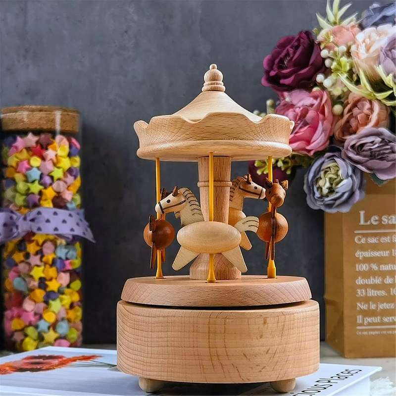 Music Box Wooden Merry-go-round Horse Musical Box Turn Horse Shaped Wood Crafts Birthday Gifts Home