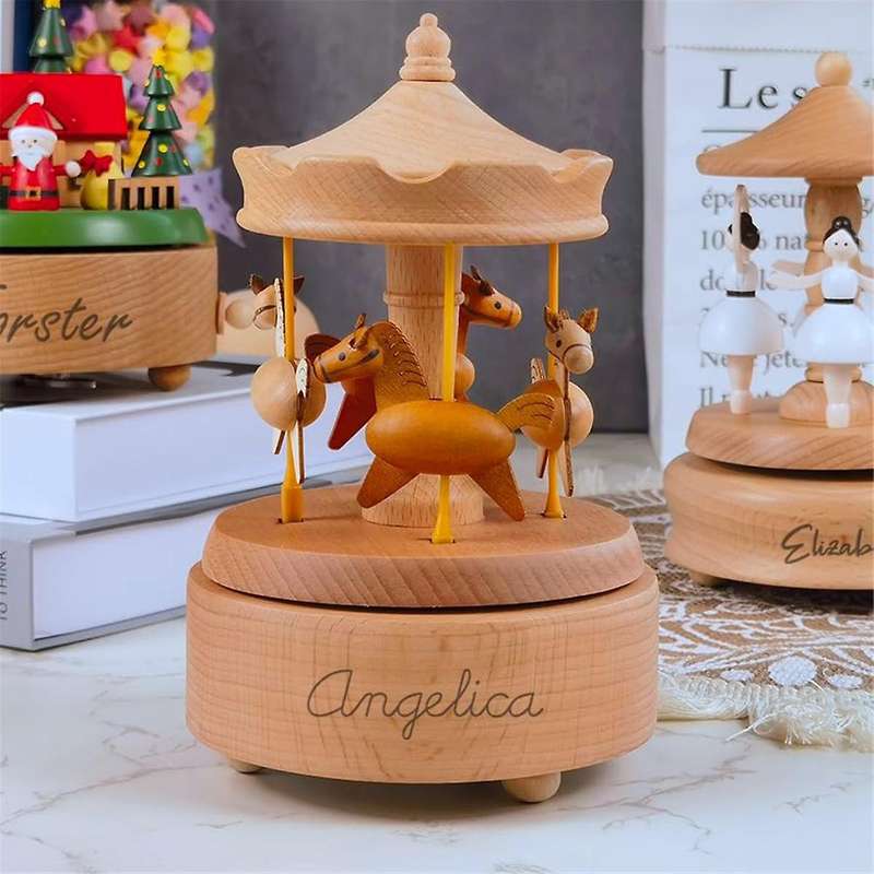 Music Box Wooden Merry-go-round Horse Musical Box Turn Horse Shaped Wood Crafts Birthday Gifts Home