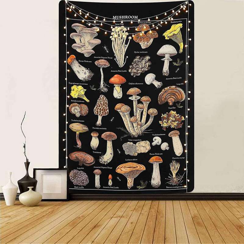 Mushroom Tapestry Vintage Black Tapestry Reference Chart Colorful Vertical Tapestry Wall Hanging 51.
