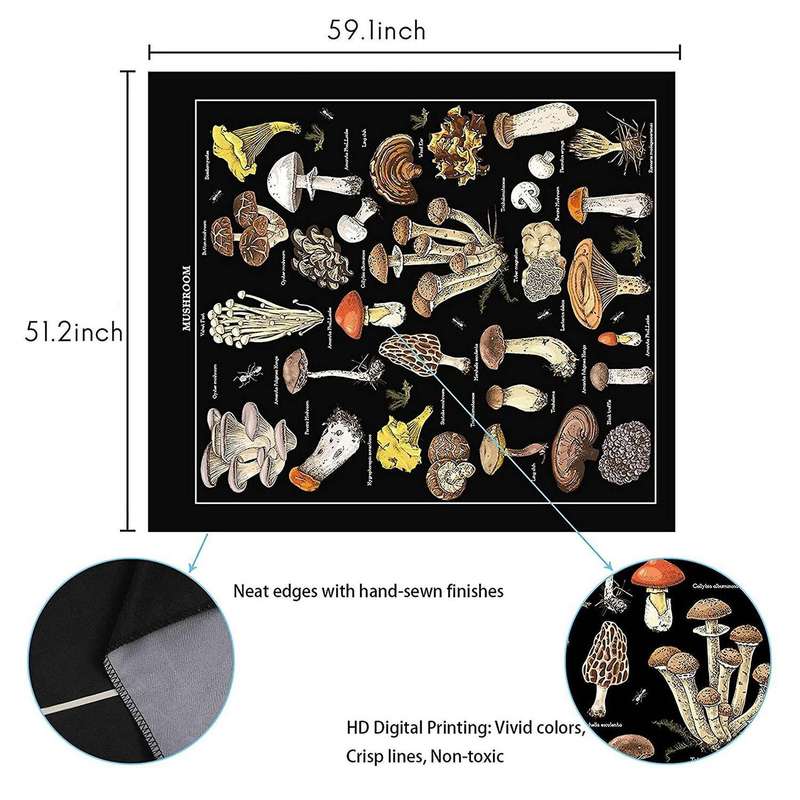 Mushroom Tapestry Vintage Black Tapestry Reference Chart Colorful Vertical Tapestry Wall Hanging 51.