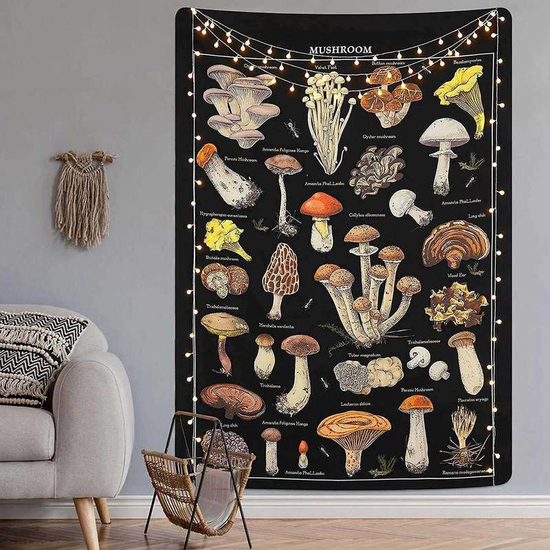 Mushroom Tapestry Vintage Black Tapestry Reference Chart Colorful Vertical Tapestry Wall Hanging 51.