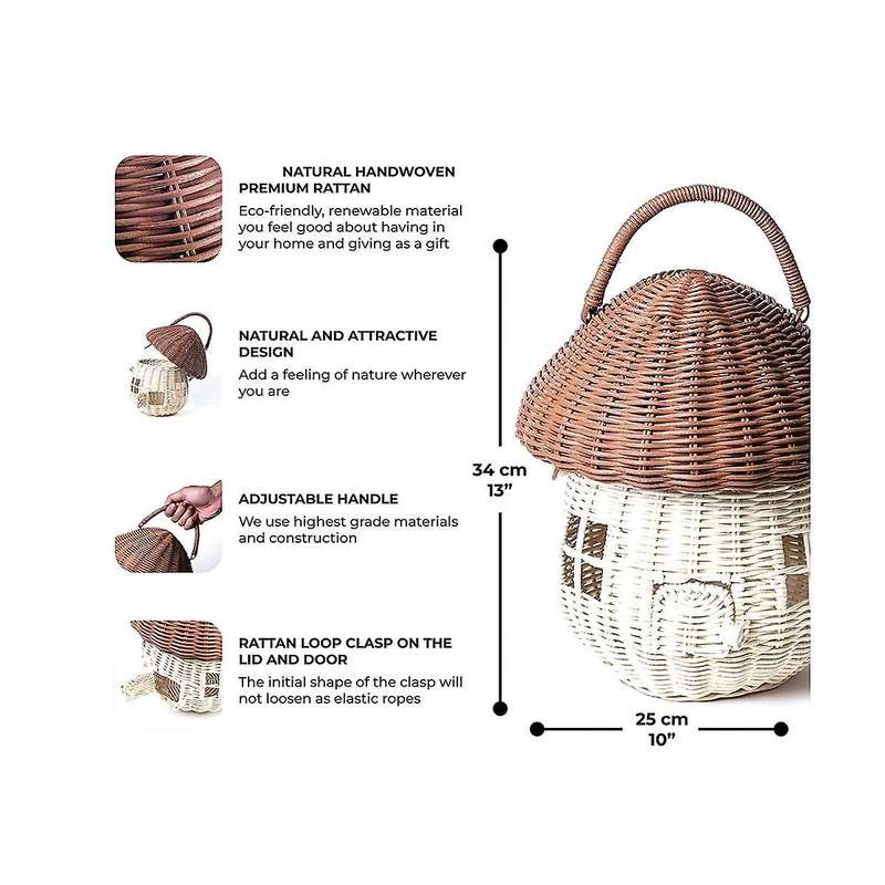 Mushroom Wicker Storage Basket with Lid-rattan Mushroom Decor, , Boho Decor, Day Gift
