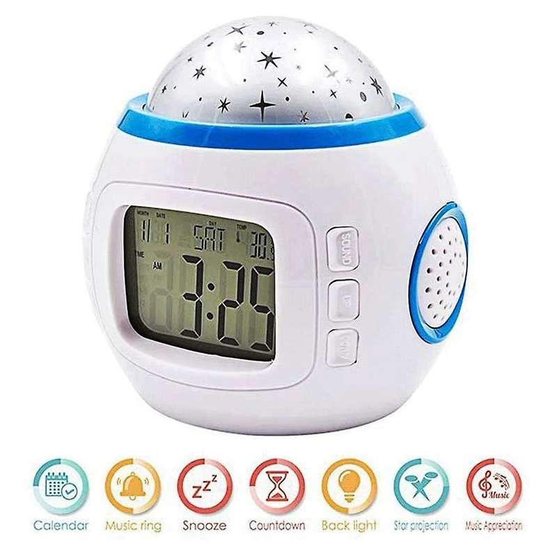 Music Star Projector Clock 10 Melodies Decorative Lamp Clock Night Light Sleep Aid for Baby Children
