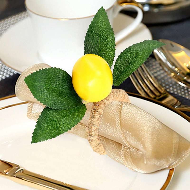 Napkin Rings Set of 6,Decorative Lemon Vine Leaf Napkin Rings, Dinning Table Setting Yellow Napkin B