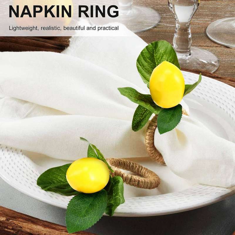 Napkin Rings Set of 6,Decorative Lemon Vine Leaf Napkin Rings, Dinning Table Setting Yellow Napkin B