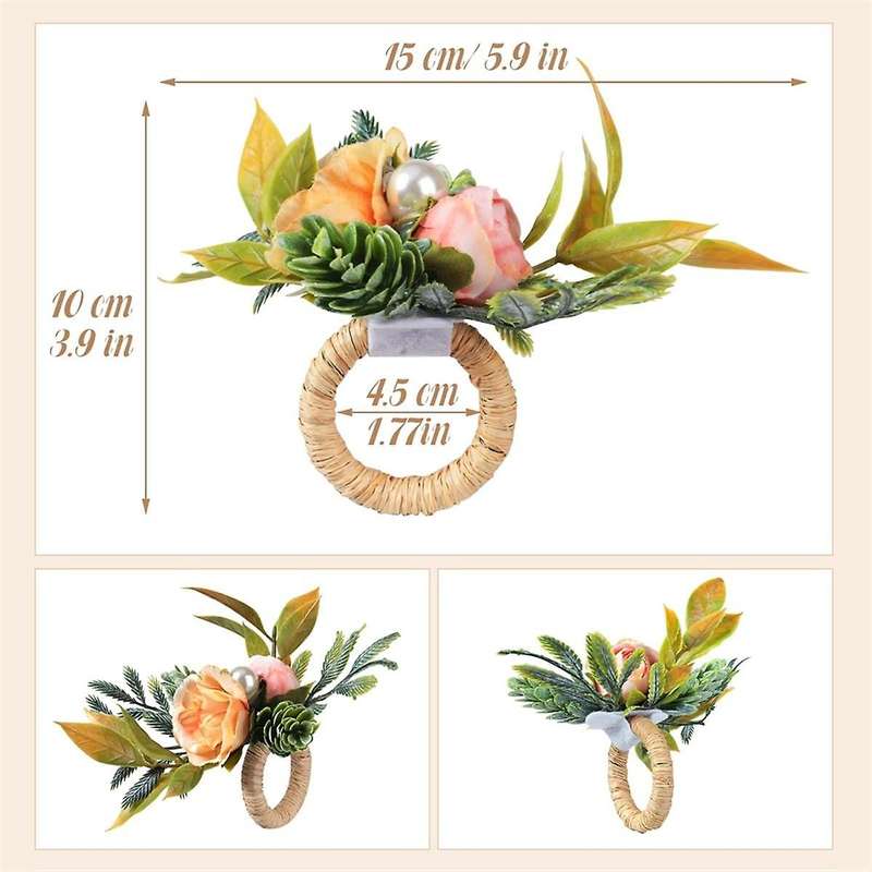 Napkin Rings, Set of 6 Flower Napkin Holders with Pearl Dinner Tables Rings for Wedding, Party, Chri