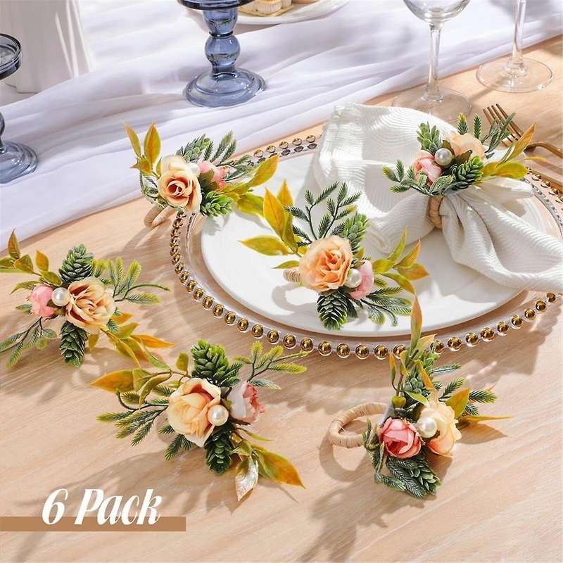 Napkin Rings, Set of 6 Flower Napkin Holders with Pearl Dinner Tables Rings for Wedding, Party, Chri