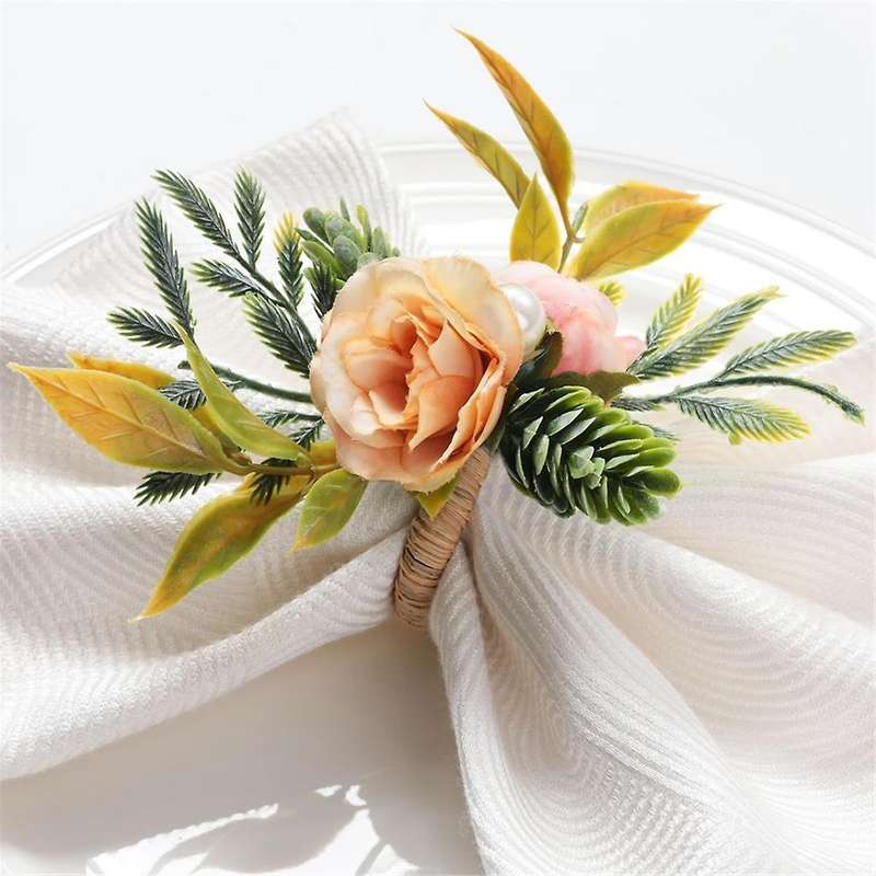 Napkin Rings, Set of 6 Flower Napkin Holders with Pearl Dinner Tables Rings for Wedding, Party, Chri