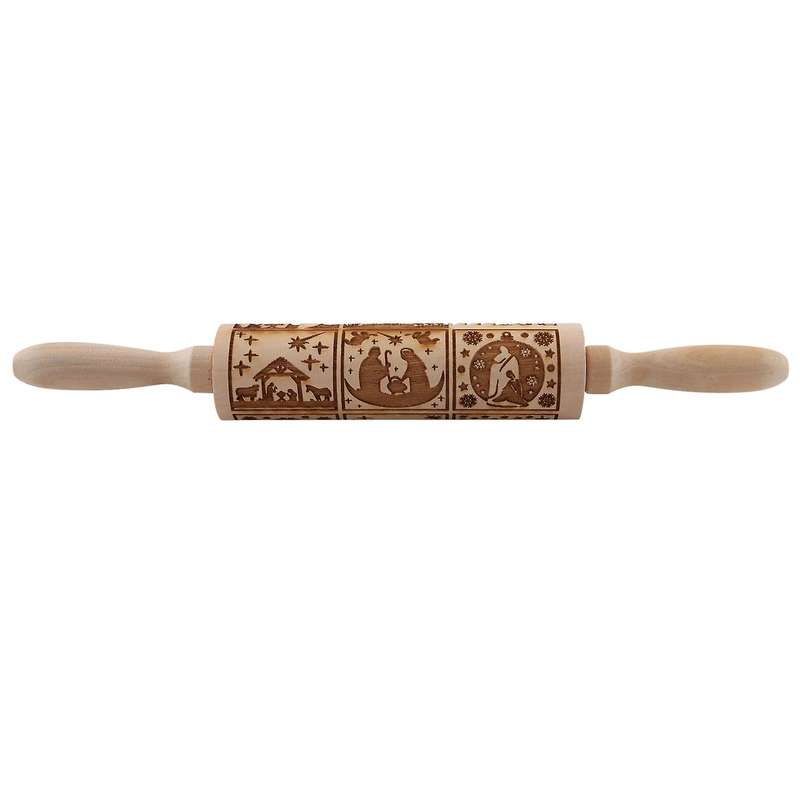 Nativity Pattern Xmas Christmas Wooden Embossing Rolling Pin with 9 Different Scene for Baking Embo