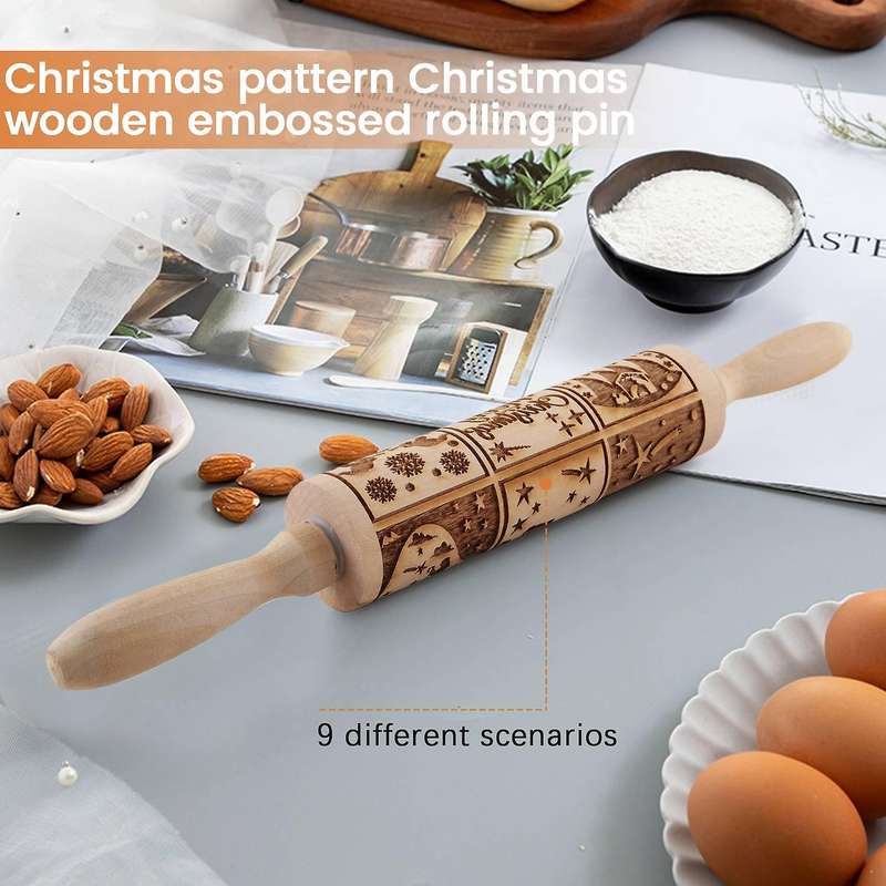 Nativity Pattern Xmas Christmas Wooden Embossing Rolling Pin with 9 Different Scene for Baking Embo