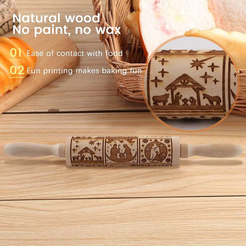 Nativity Pattern Xmas Christmas Wooden Embossing Rolling Pin with 9 Different Scene for Baking Embo