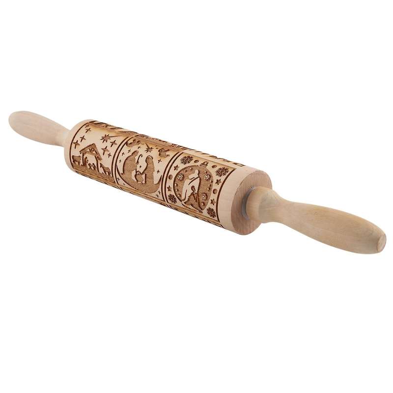 Nativity Pattern Xmas Christmas Wooden Embossing Rolling Pin with 9 Different Scene for Baking Embo