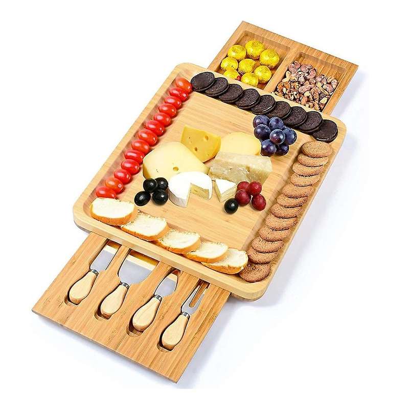 Natural Bamboo Cheese Board and Knife Set with Cheese Tools Cheese Plate Cheese Board Chopping Board