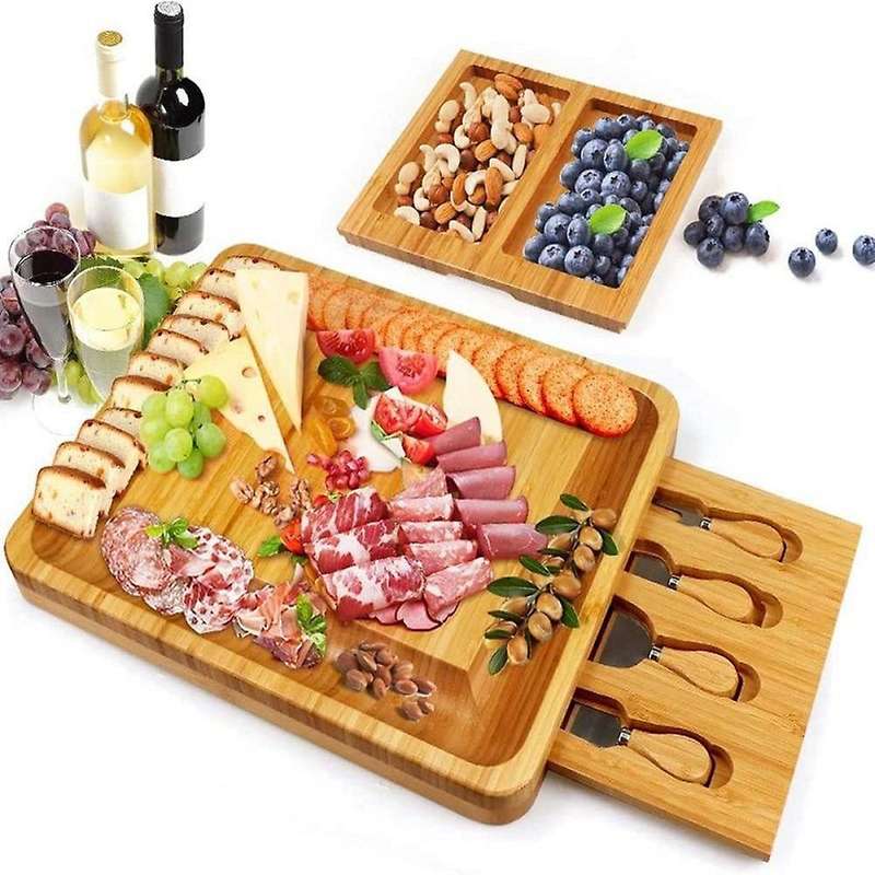 Natural Bamboo Cheese Board and Knife Set with Cheese Tools Cheese Plate Cheese Board Chopping Board
