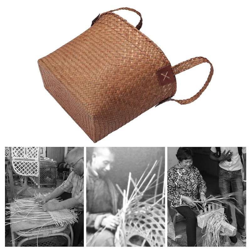Natural Straw Basket Bin Handmade with Handgrip Orange 33X21X26cm