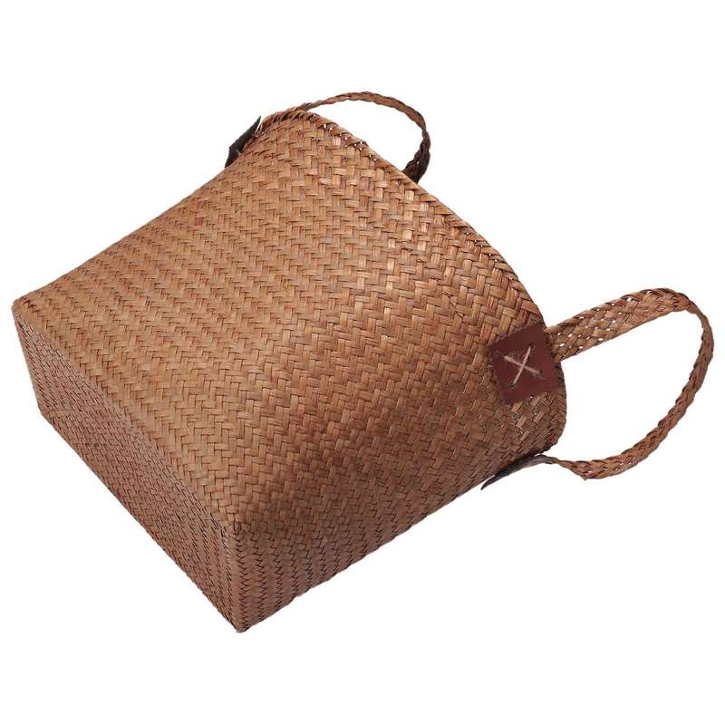 Natural Straw Basket Bin Handmade with Handgrip Orange 33X21X26cm
