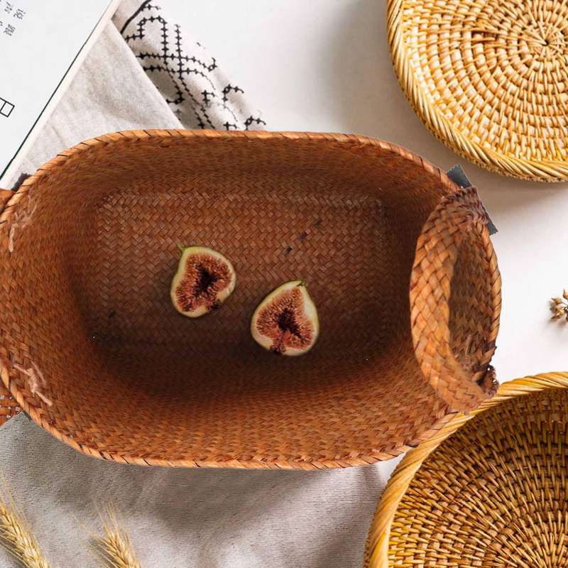 Natural Straw Basket Bin Handmade with Handgrip Orange 33X21X26cm