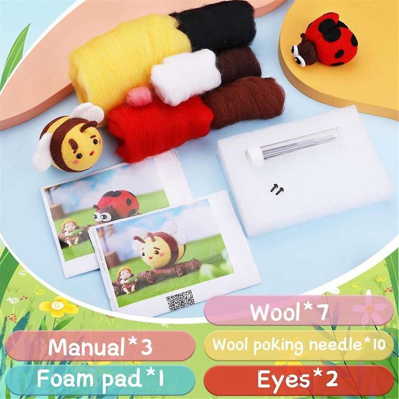 Needle Felting Kit, Wool Needle Felting Kit (Ladybug, Bee), with Instruction, Felting Foam Mat, Wool