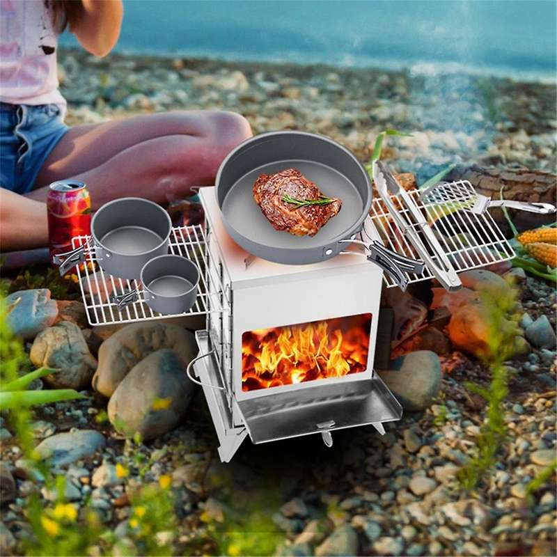 New Camping Barbecue Oven, Camp Tent Stove, Portable Wood Burning Stove with Grill Racks