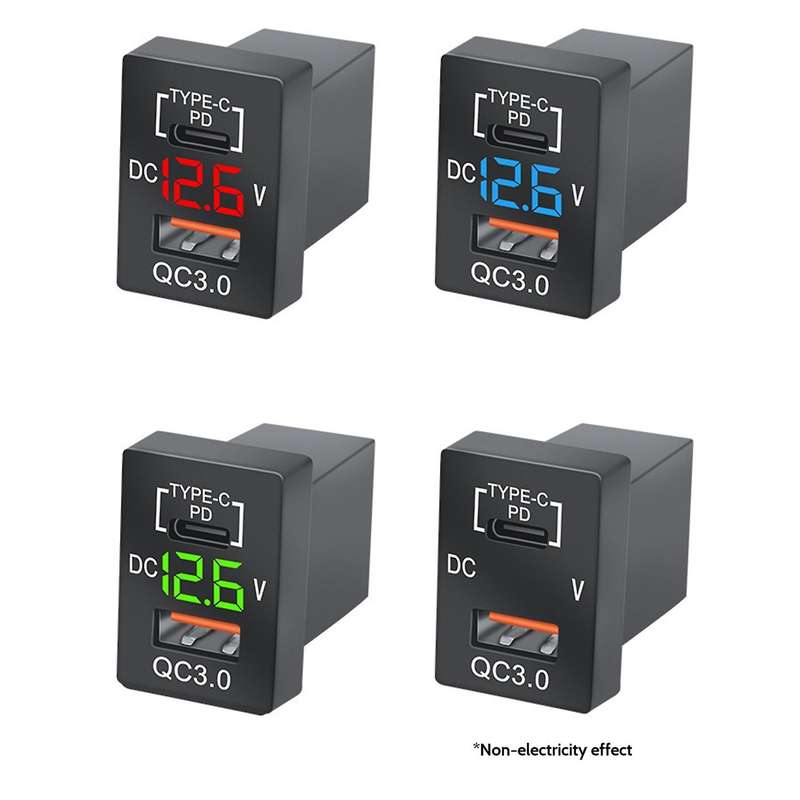 New Charger QC3.0 USB Car Charger Socket PD Type-C Charger with LED Blue Digital Voltmeter for New