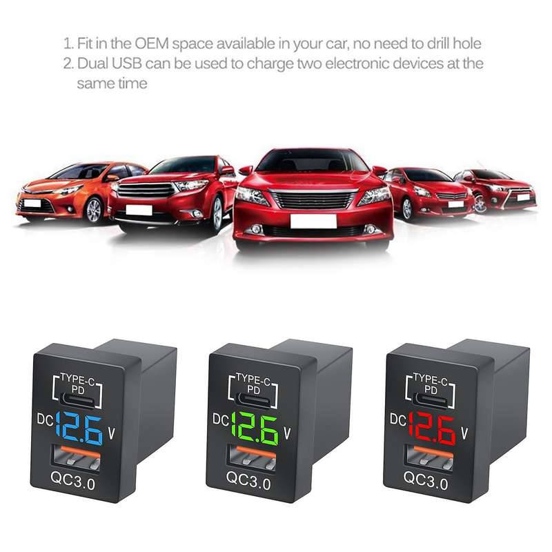 New Charger QC3.0 USB Car Charger Socket PD Type-C Charger with LED Blue Digital Voltmeter for New