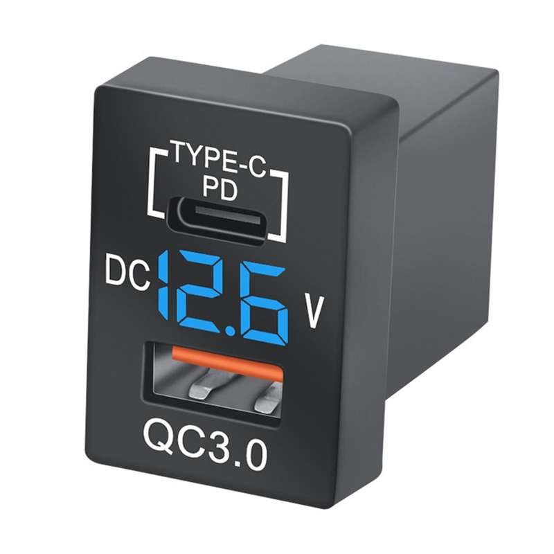 New Charger QC3.0 USB Car Charger Socket PD Type-C Charger with LED Blue Digital Voltmeter for New