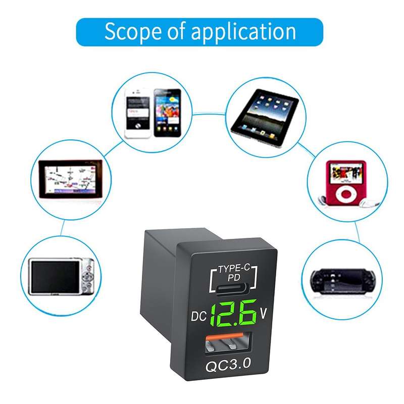 New Charger QC3.0 USB Car Charger Socket PD Type-C Charger with LED Blue Digital Voltmeter for New